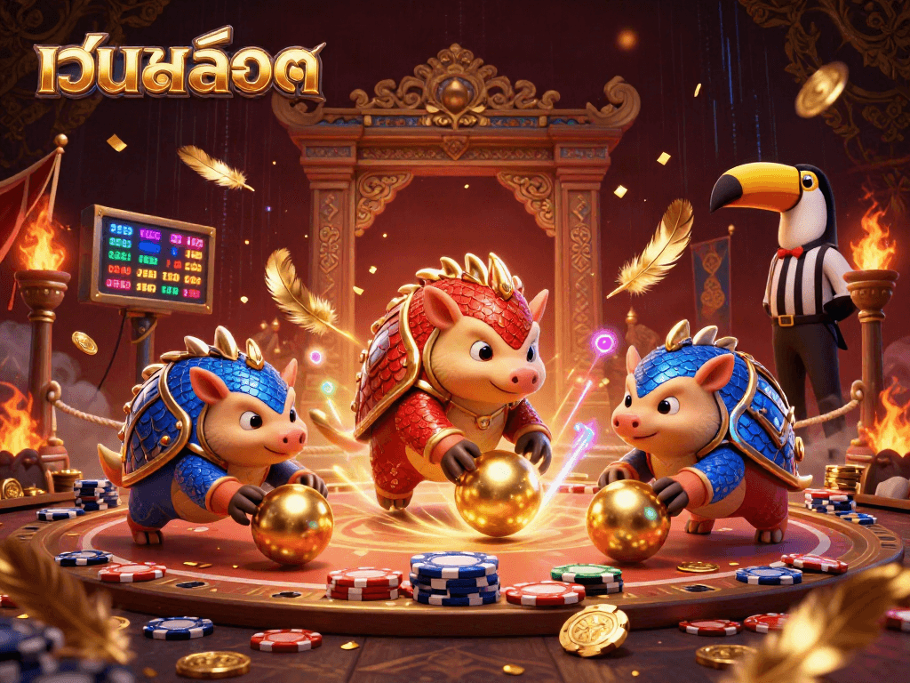 Engage in เว็บสล็อต excitement as pangolins duel in a vibrant 3D casino scene.