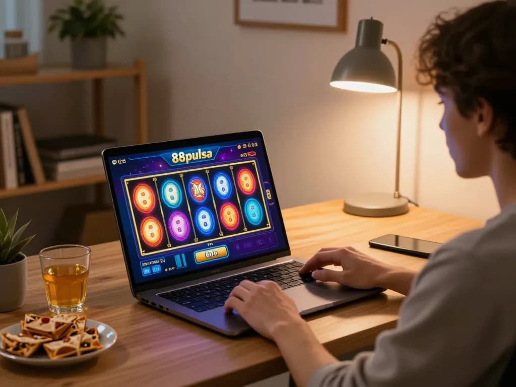 Play the exciting 88pulsa slot on a stylish laptop in a cozy home office environment.