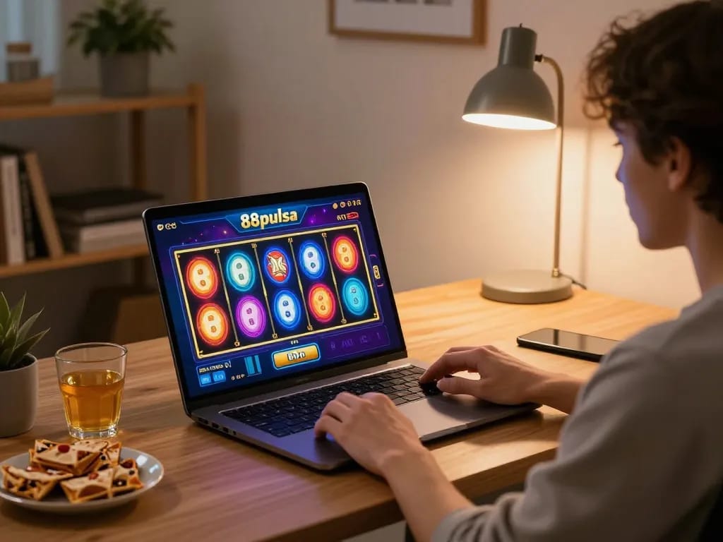 Play the exciting 88pulsa slot on a stylish laptop in a cozy home office environment.