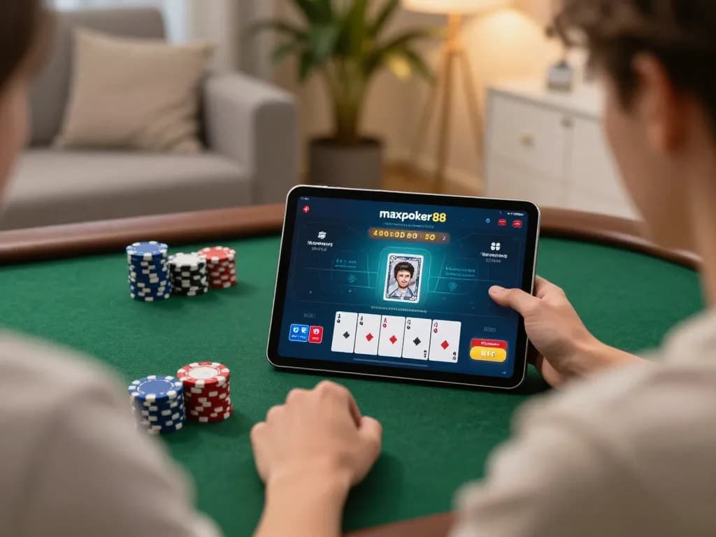Player engaging with the maxpoker88 online poker app in a cozy home setting, highlighting strategic gameplay.