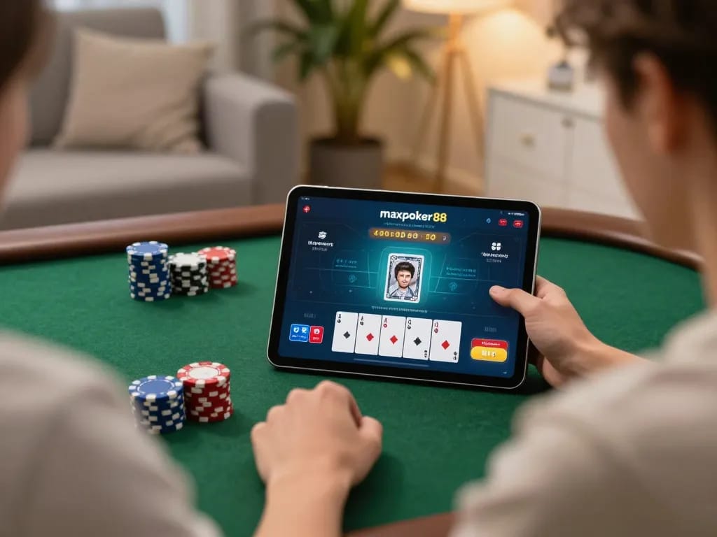 Player engaging with the maxpoker88 online poker app in a cozy home setting, highlighting strategic gameplay.