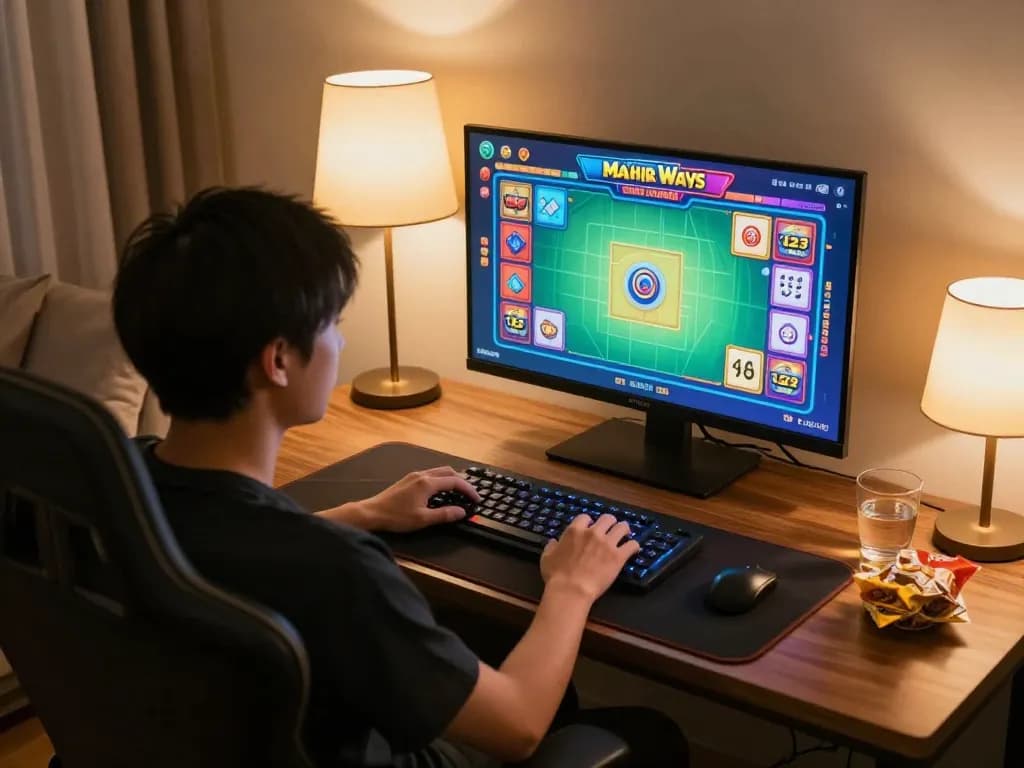 Player enjoying Mahjong Ways on Tempo 123 online gaming setup with cozy home atmosphere.