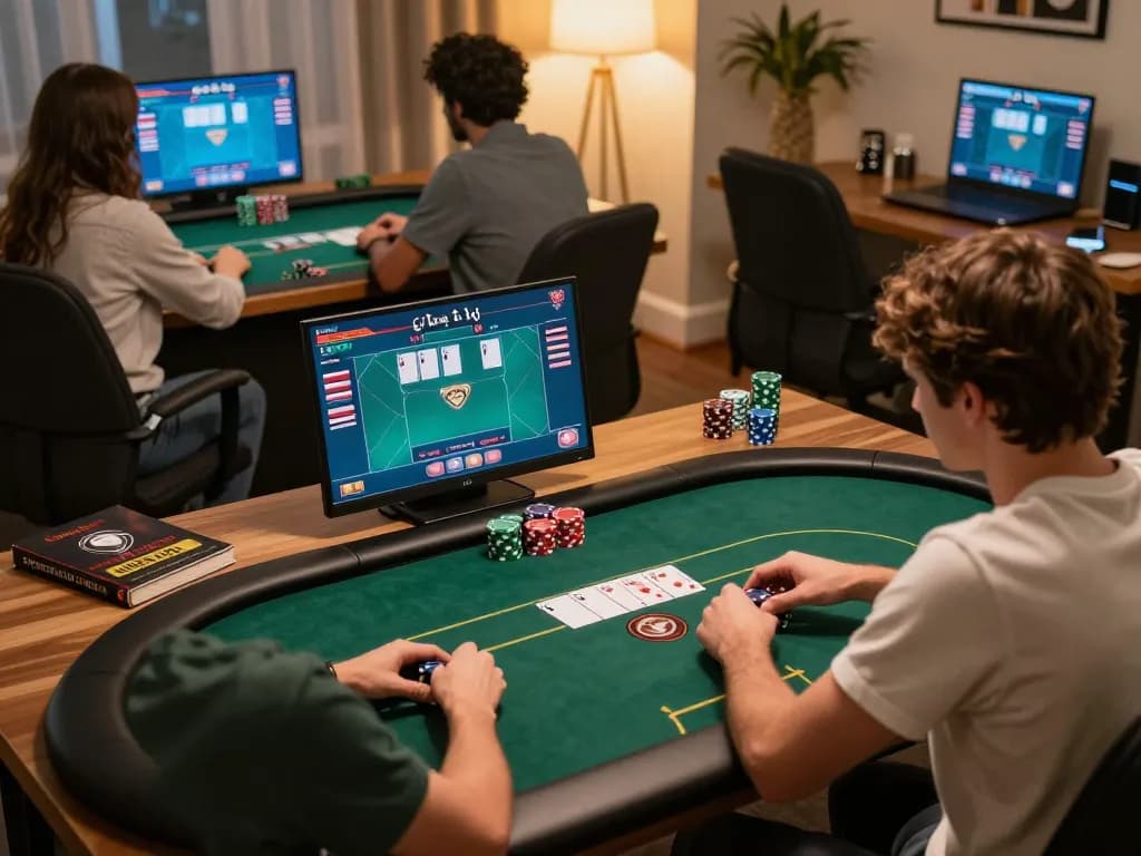 Players analyze poker hands using okfun platform in a cozy home office setting