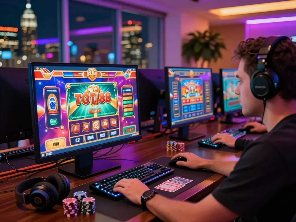 Exciting online gambling experience at tot88 with colorful interface and vibrant gaming setup