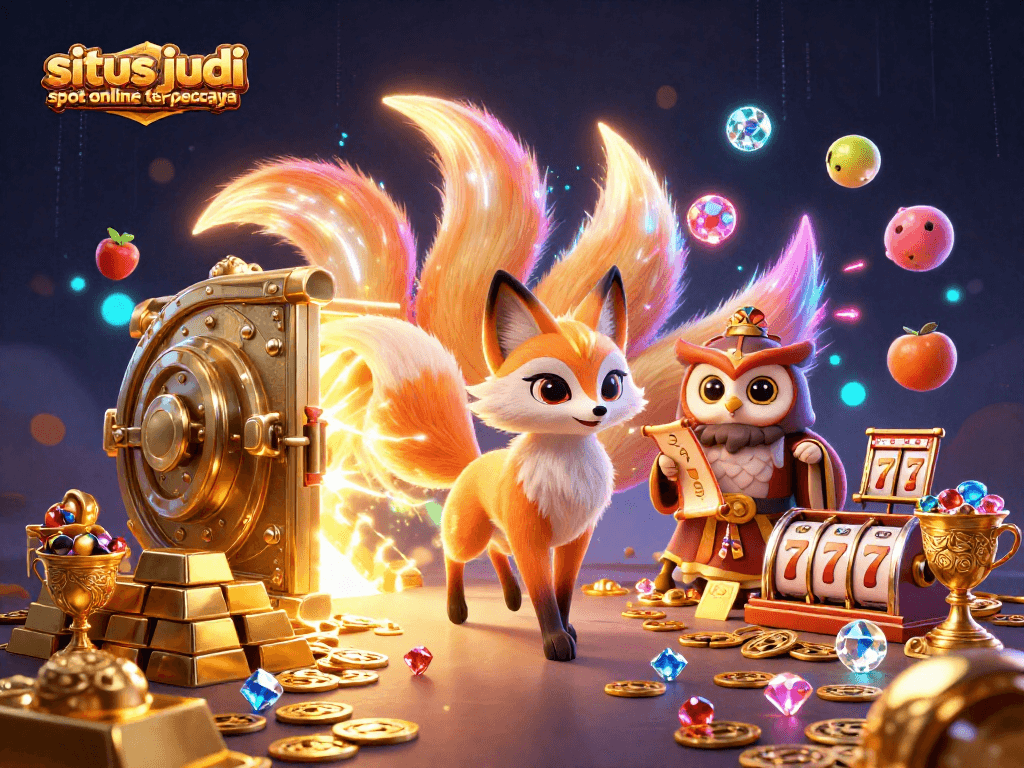 situs judi slot online terpercaya depicts a vibrant scene with colorful characters, slot elements, and treasures.