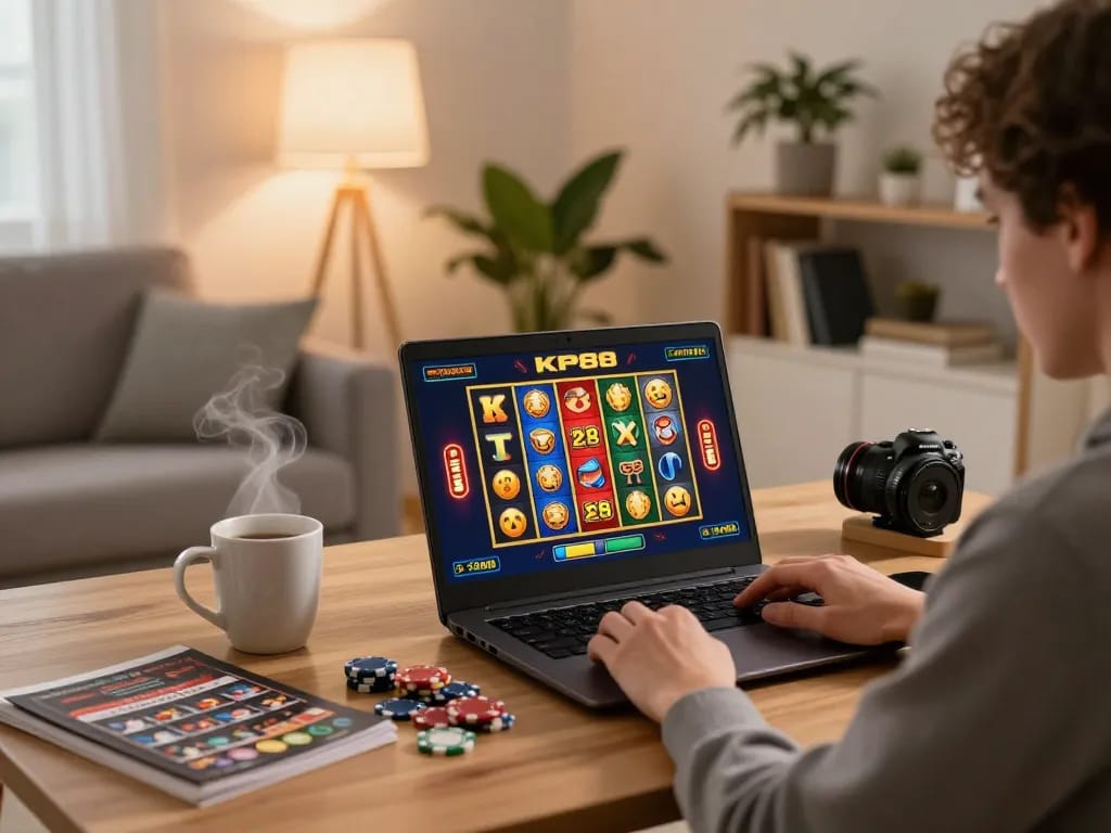 Engaging in KP88 slots gameplay at home with vibrant screen display and cozy atmosphere.