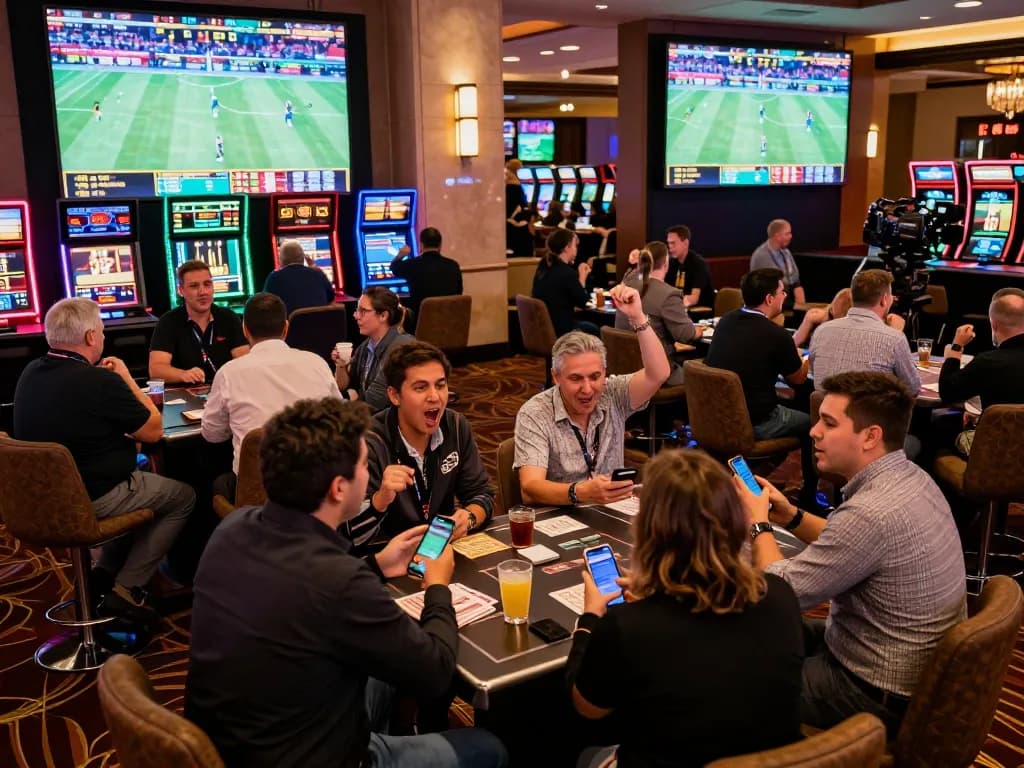 MM88 sports betting app showing live odds, with enthusiastic fans placing bets at an upscale casino