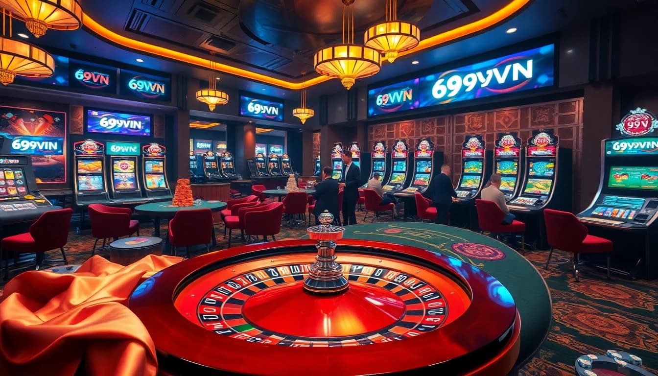 Exciting casino scene showcasing 69VN online gambling with luxury tables and vibrant slot machines.