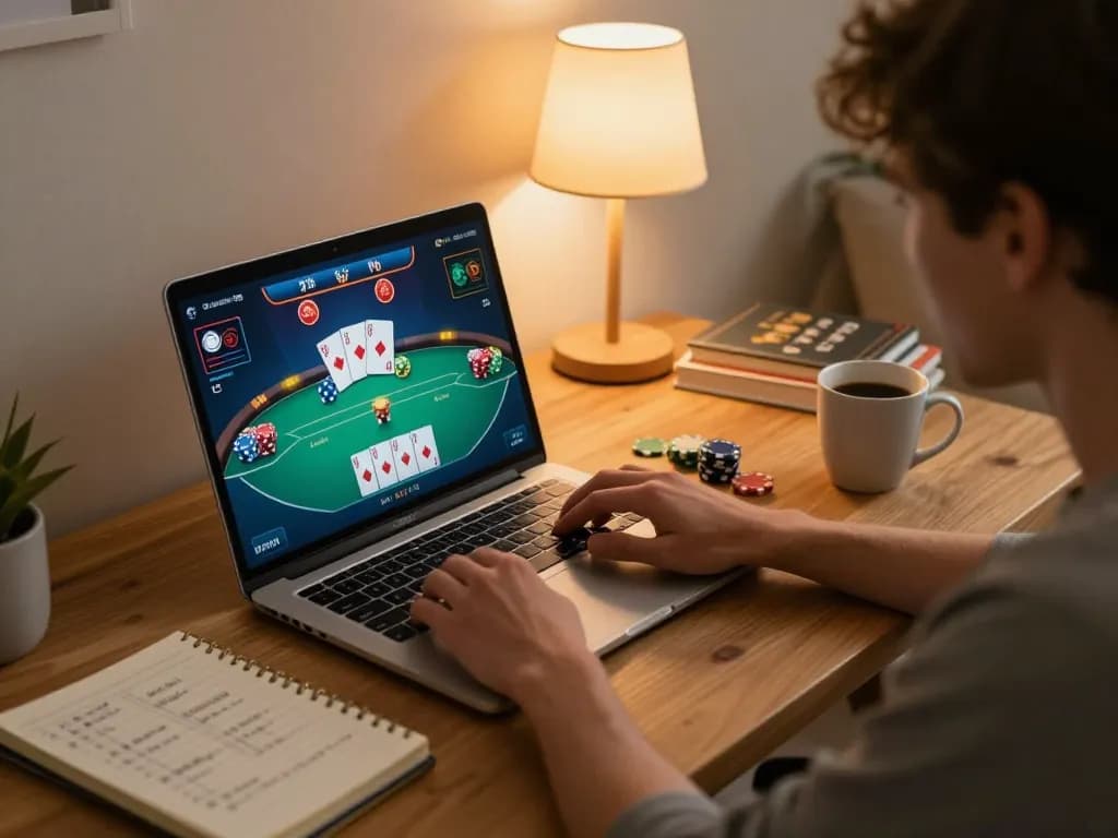 Engaged player strategies poker game on 68win platform from a cozy home setup, showcasing dynamic gameplay.
