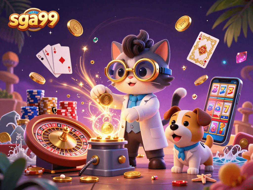 Engage with sga99 as golden coins cascade around a mad scientist cat and assistant dog in a dynamic casino setup.