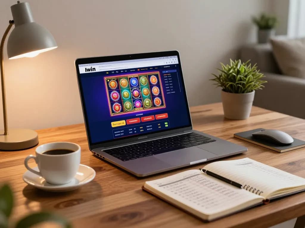 Iwin online casino gaming setup with a warm atmosphere, laptop displaying vibrant slot interface.