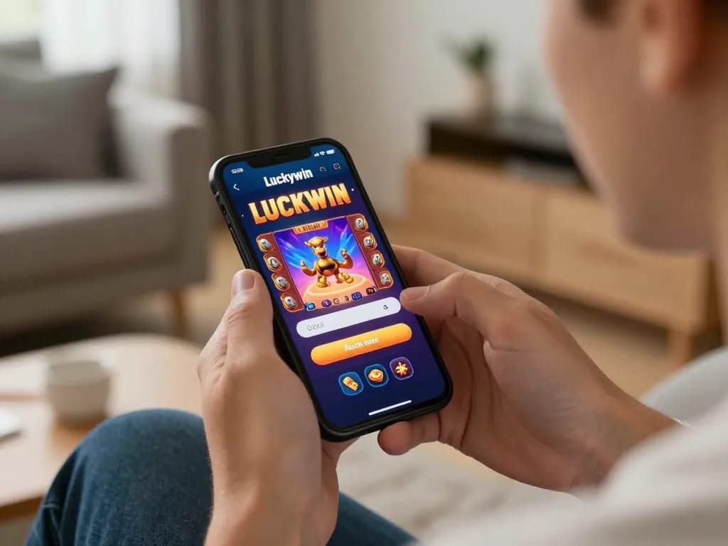 Engaging in online gambling with the Luckywin login app on手机, showcasing a vibrant gaming interface and comfortable home setting.