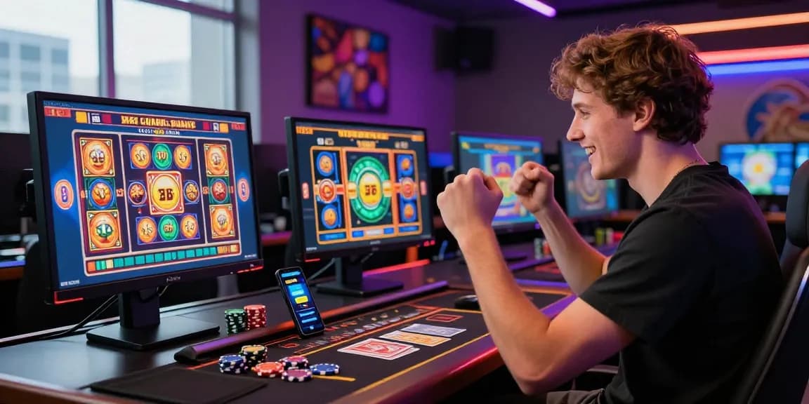 Exciting moment at online credit card casinos with vibrant gaming setup and big win.