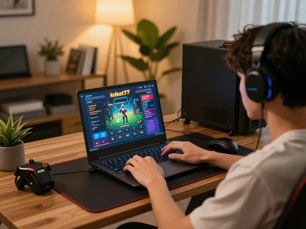 Engaging scene of a player using kdslot77 online casino platform in a cozy home office.