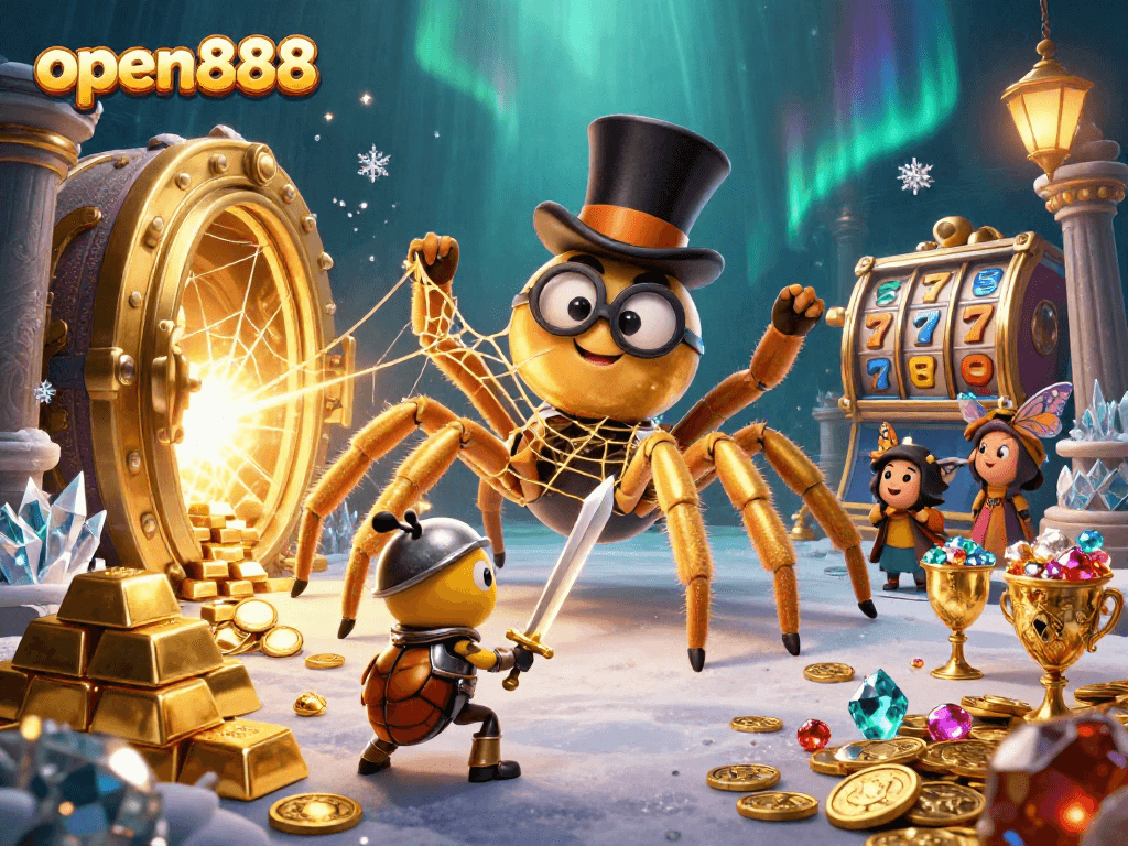 Engage with open888's thrilling slot games amid a dynamic casino scene featuring a golden tarantula and knight.