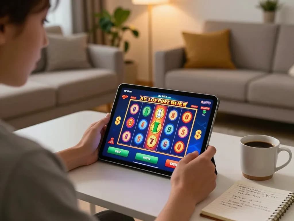 Engaging with a slot bonus during an online slot game session in a cozy living room