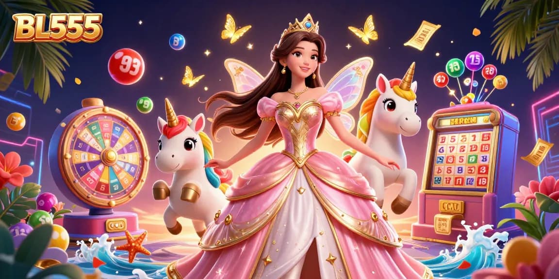 Engage in thrilling games at BL555 as a glamorous casino scene unfolds with colorful lottery elements.