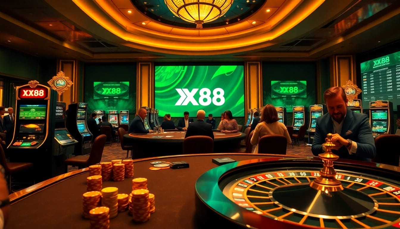Experience the thrill of gambling at XX88 with vibrant imagery of exciting casino action.