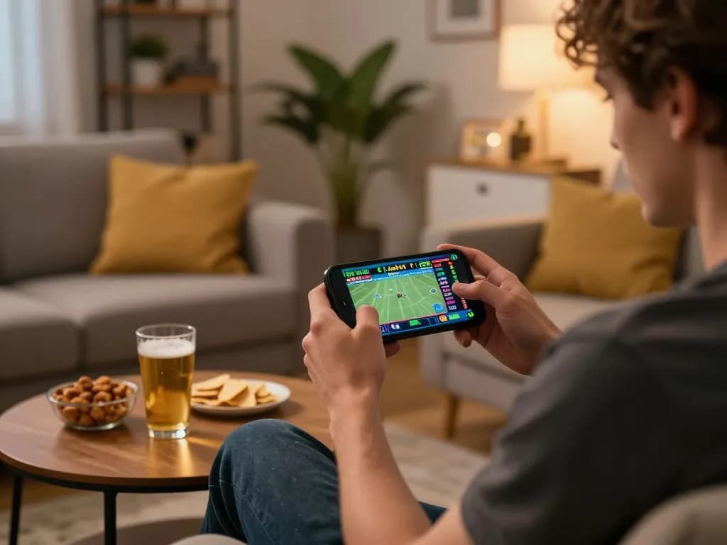 Enjoying online sports betting at home with uu88 mobile app displayed on smartphone.