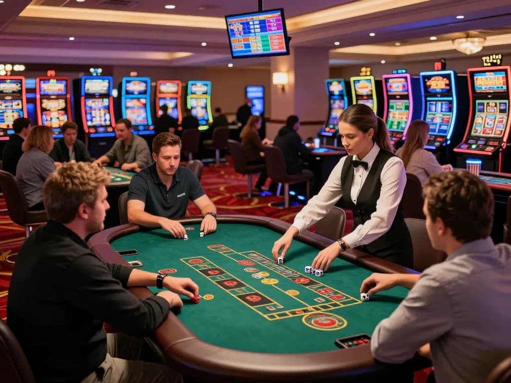 Active craps table scene where pragmatic players engage with dealers, highlighting intense gameplay moments in a vibrant casino.