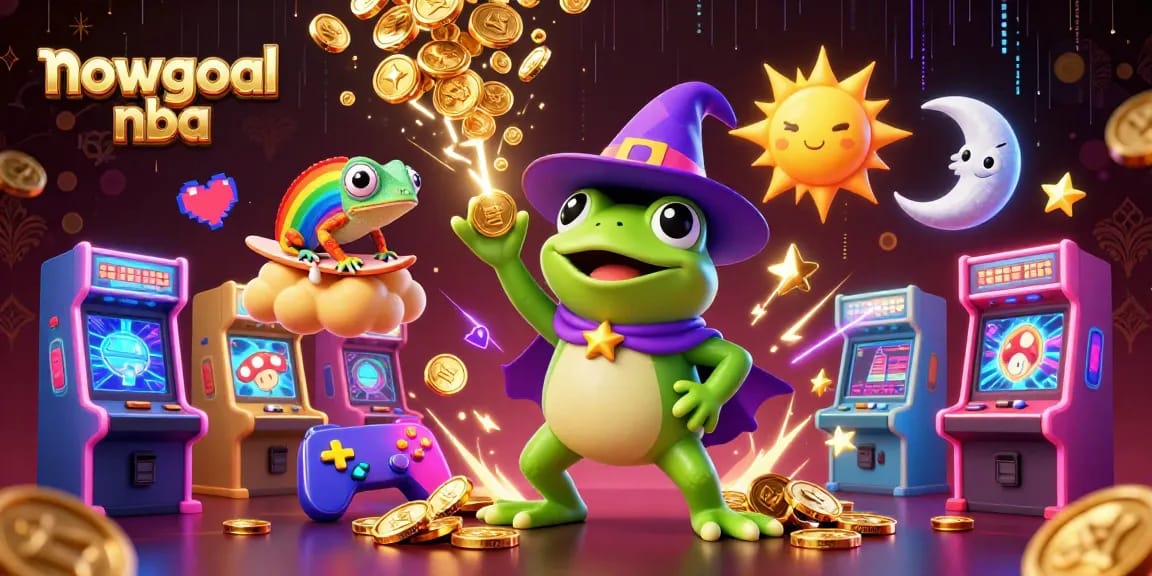 Bet on nowgoal nba with this vivid illustration of a wizard frog and chameleon amid casino game elements.