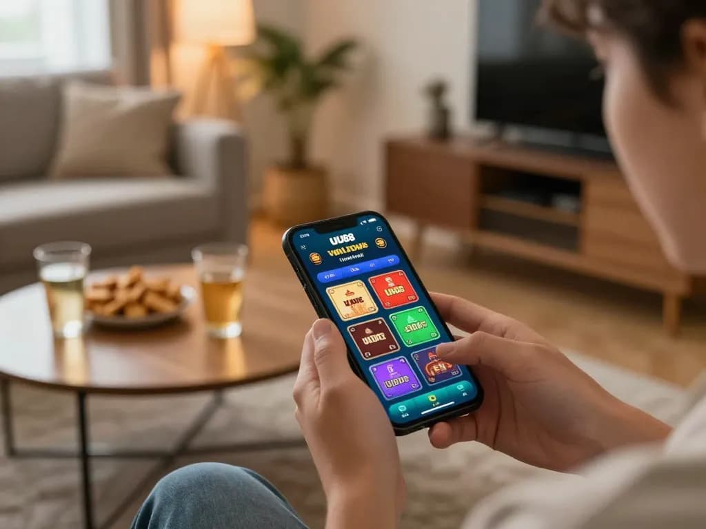Engaging user placing bets on the UU88 app in a cozy home setting, emphasizing responsible gambling.