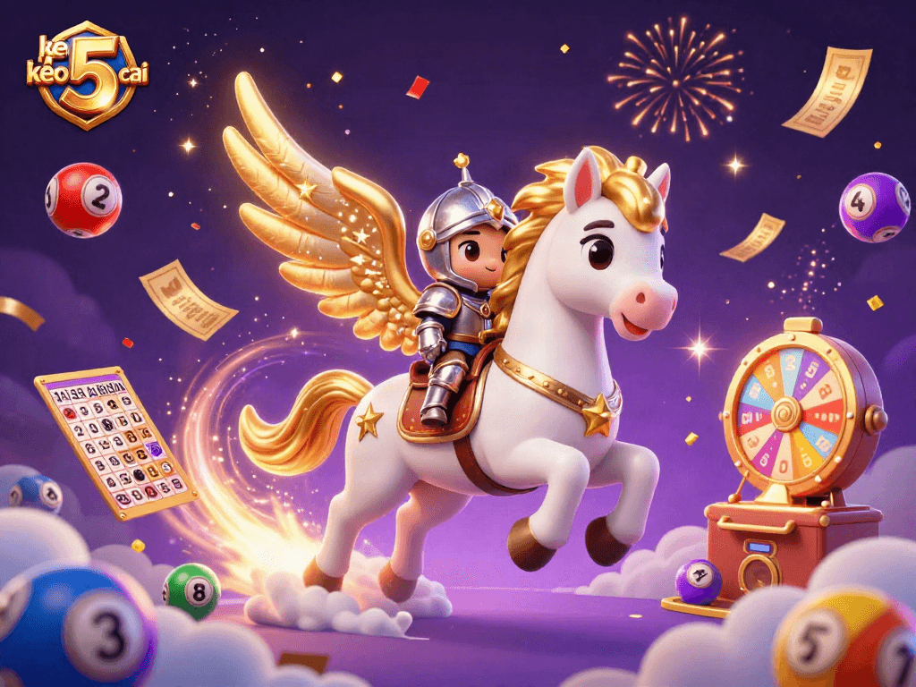 Engage with the vibrant keo nha cai 5 scene featuring dynamic lottery balls and a celestial horse.