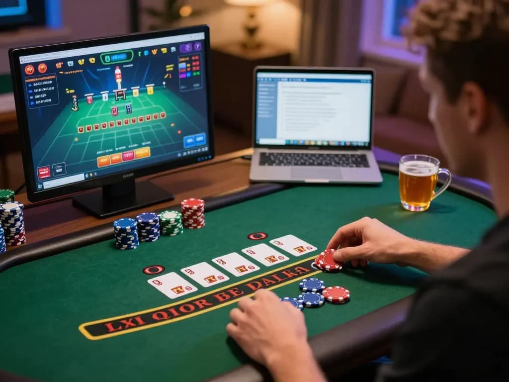 Player enjoying SC88 live dealer blackjack with warm home decor, emphasizing online gaming strategy