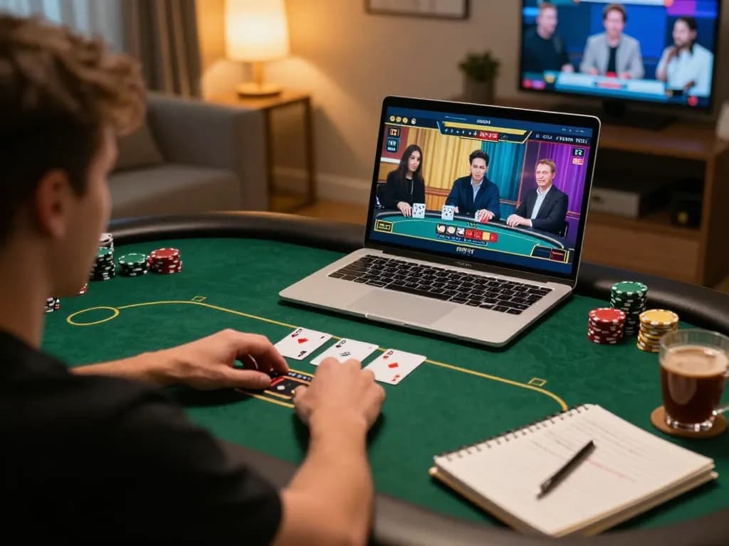 Engaging in an online poker game with indopride88 link alternatif, displaying strategic betting on laptop.