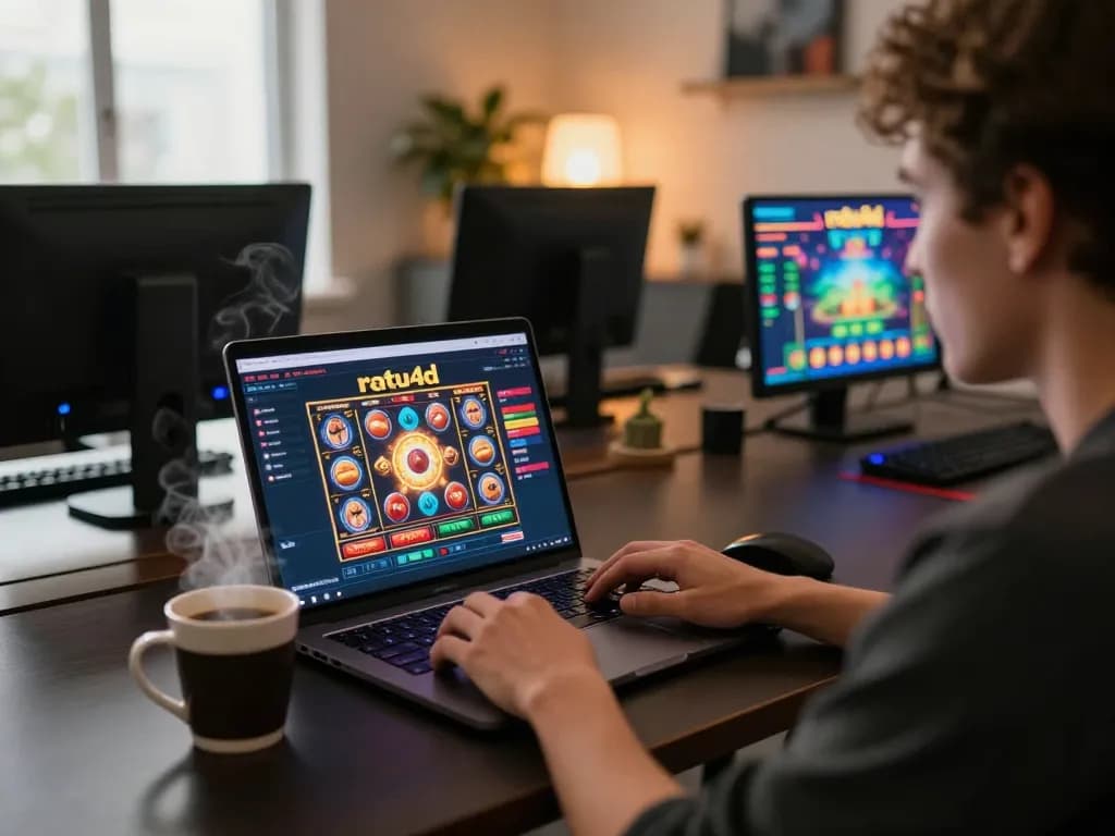 Player using the ratu4d app to interact with a vibrant online slot game at a sleek desk.