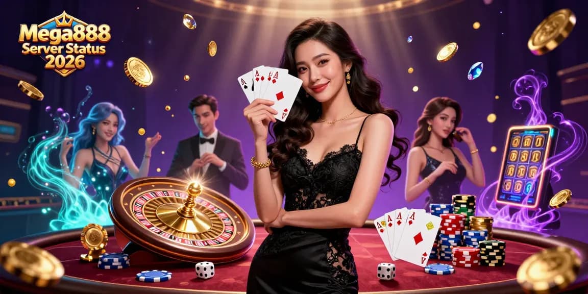 Check Mega888 Server Status 2026 with a glamorous casino scene featuring an elegant woman holding ace cards.