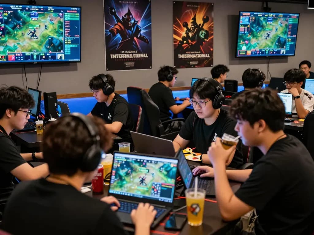 Engaged Dota 2 fans at GGLBet Singapore discussing betting strategies and live match updates.