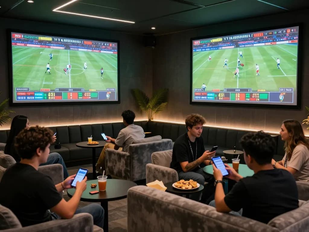 Excited patrons placing bets on mobile apps at a uu88ae sports betting lounge with live match screens