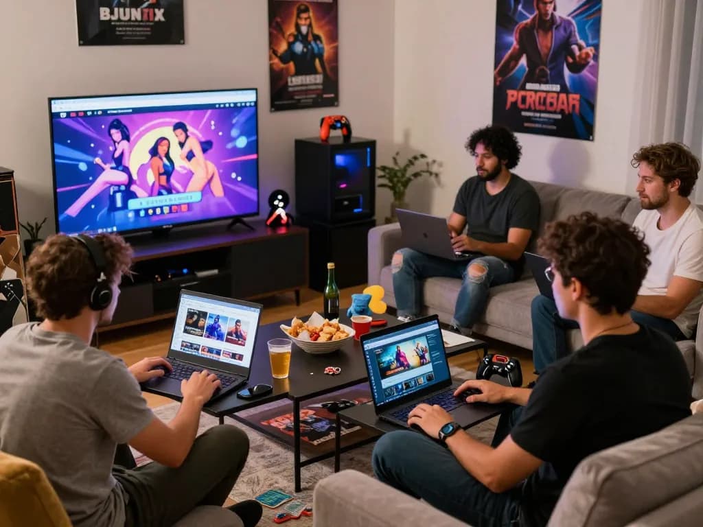 Group of adults enjoying porngames together in a cozy living room