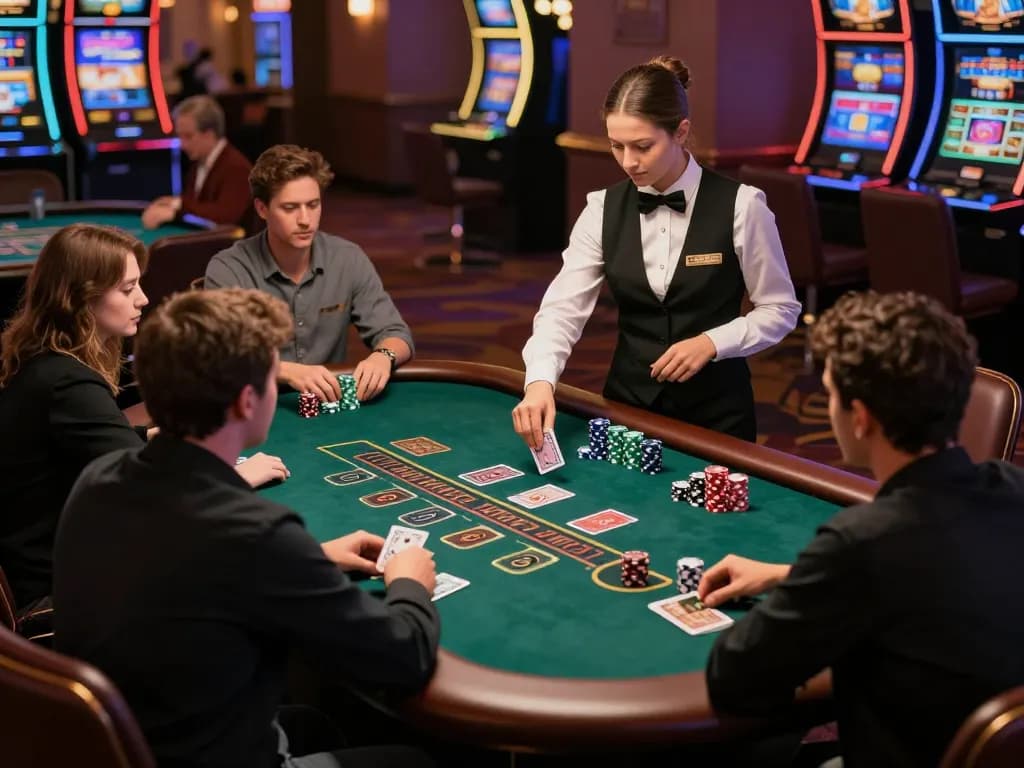 KONG88 blackjack table with players strategizing during an exciting game in a vibrant casino environment.