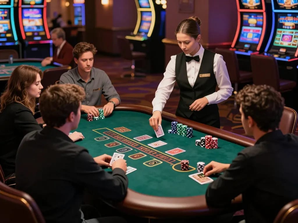 KONG88 blackjack table with players strategizing during an exciting game in a vibrant casino environment.