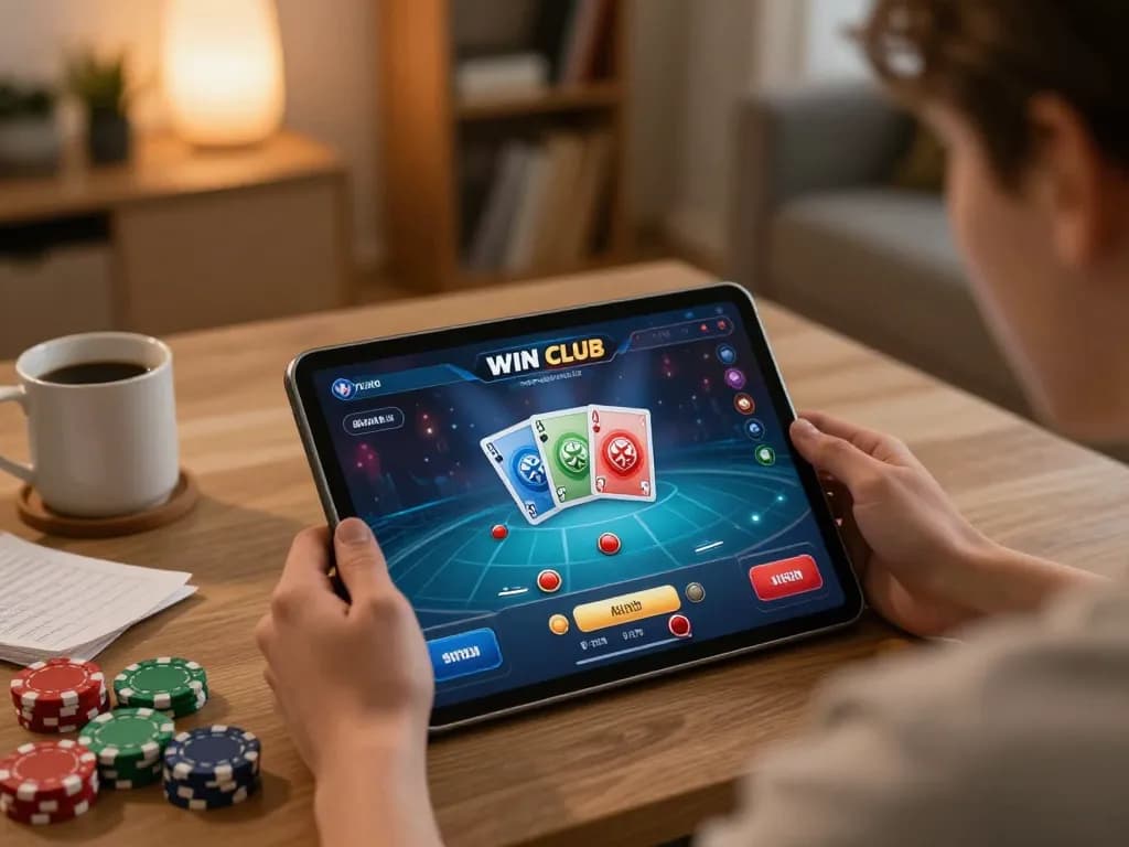 IWIN CLUB showcased on a tablet during a cozy home gaming session with cards displayed