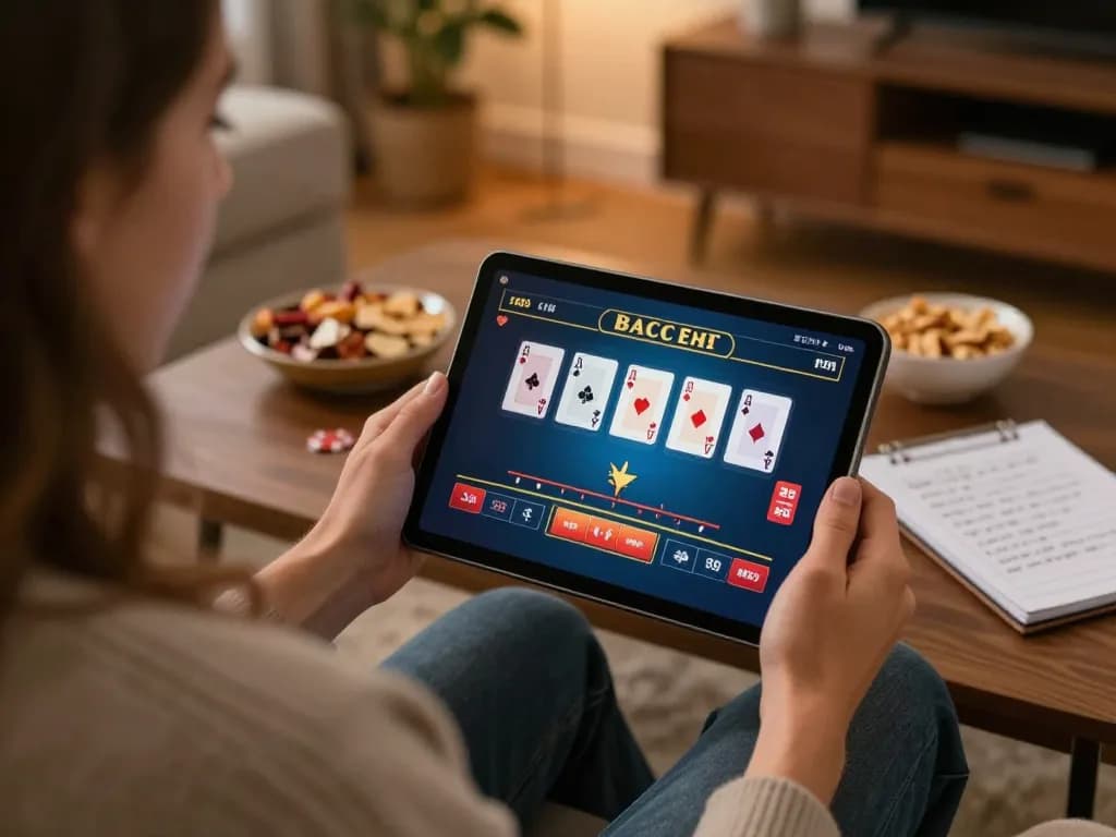 Baccarat online gameplay on a tablet highlighting betting strategies and user engagement in a cozy setting