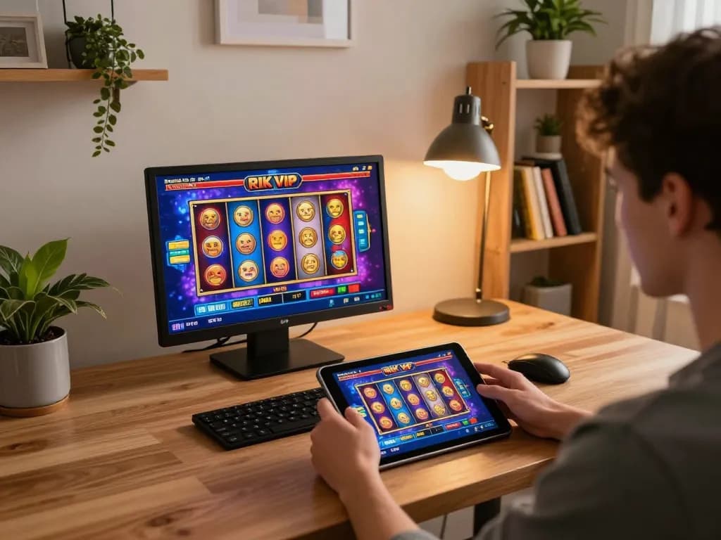 Engaging moment playing rik vip online casino games on tablet in cozy home office.