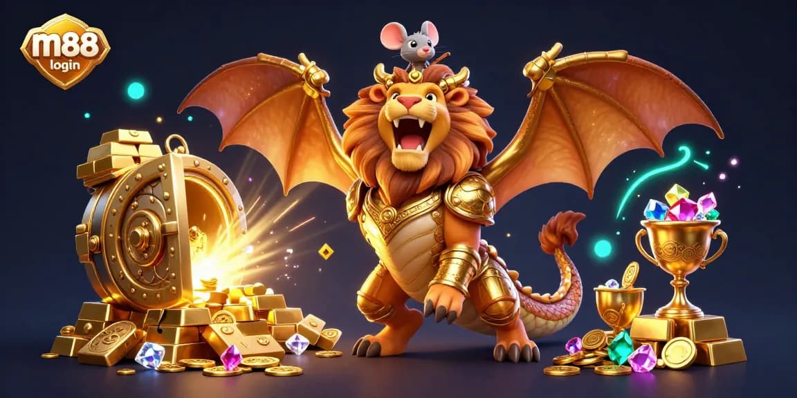Experience the excitement of m88 login with this vibrant casino scene featuring a chimera and treasure elements.