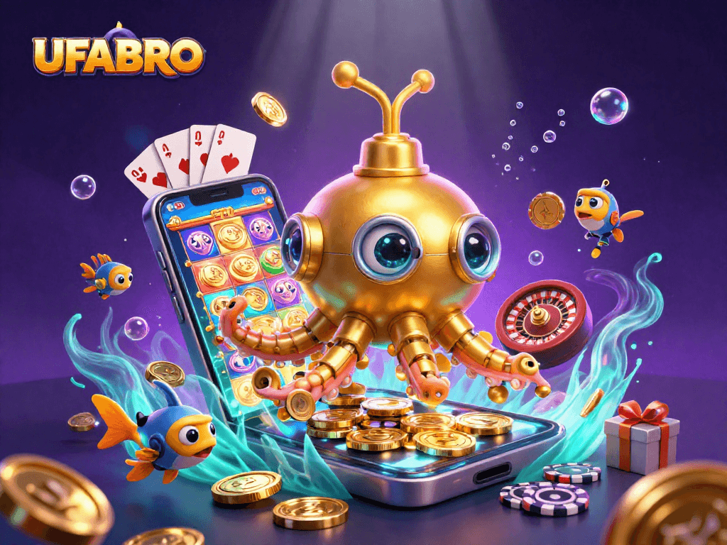 Spin and win with UFABRO's exciting slot game amidst a sea of golden coins.