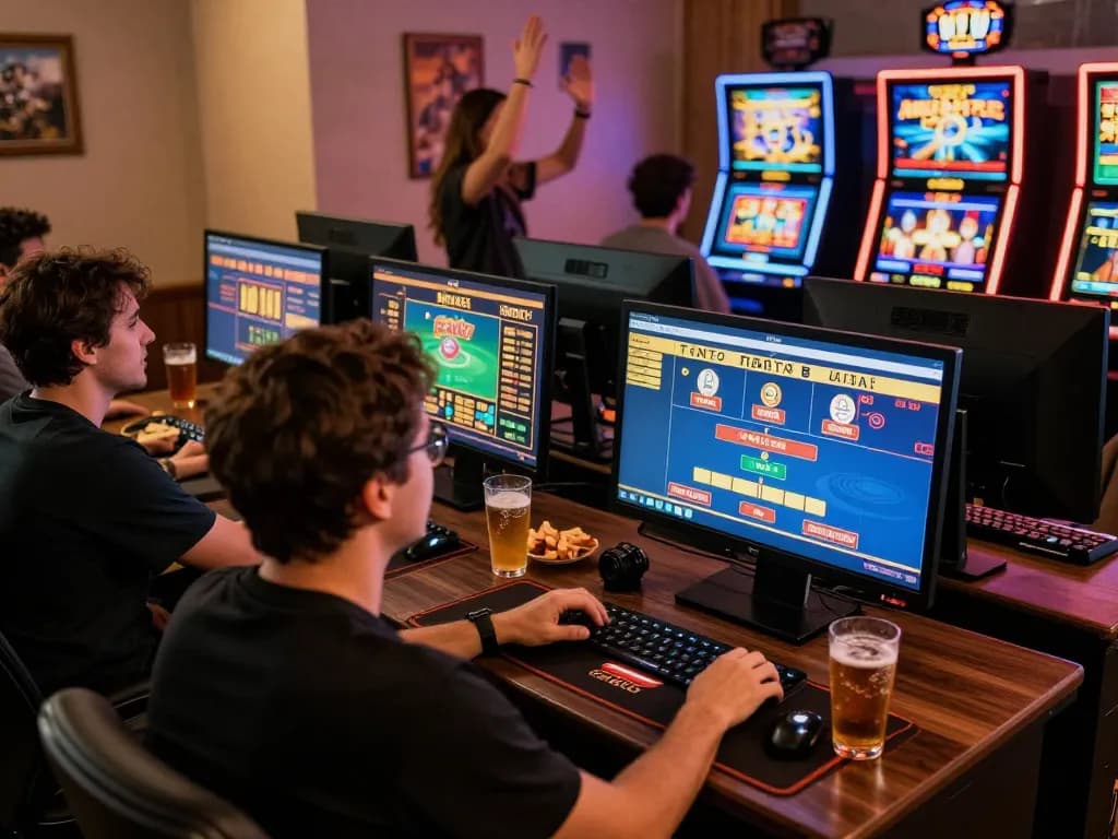 Engaged player enjoying LV88 online casino on multiple screens with friends, showcasing modern gaming atmosphere