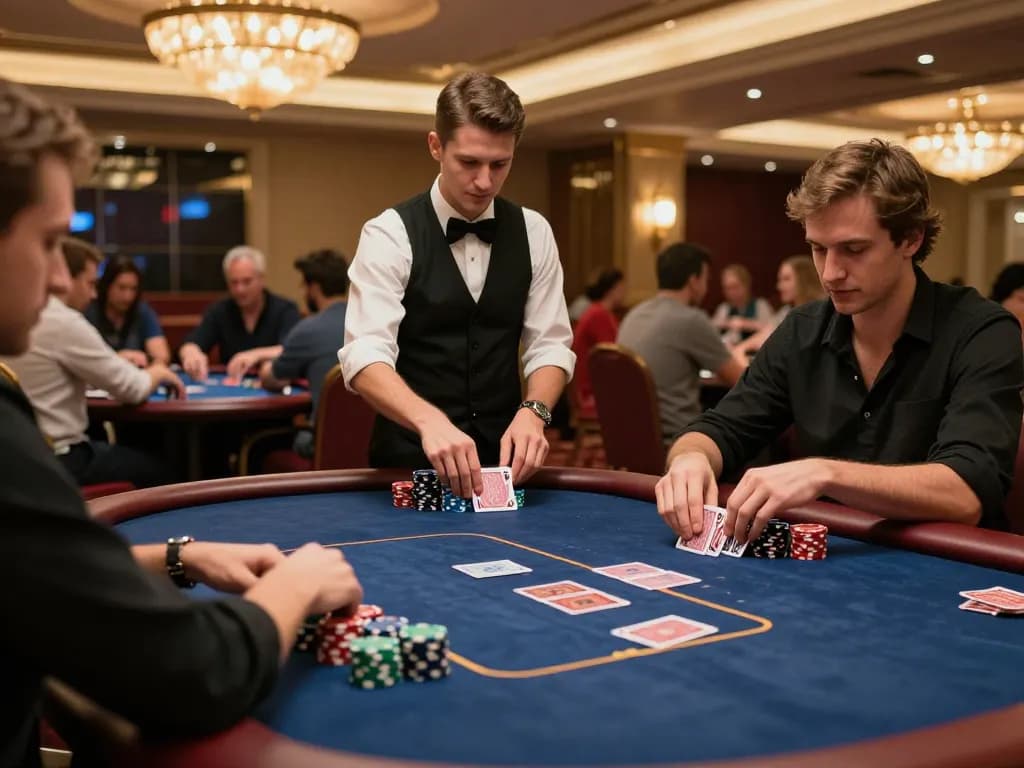 Players strategizing at a vibrant mm 88 poker table in a luxe casino setting