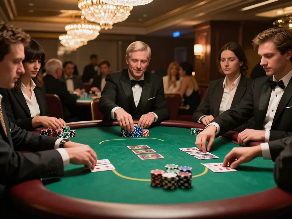 TT88 players engaged in high-stakes poker at a luxurious casino table, showcasing thrill and strategy.