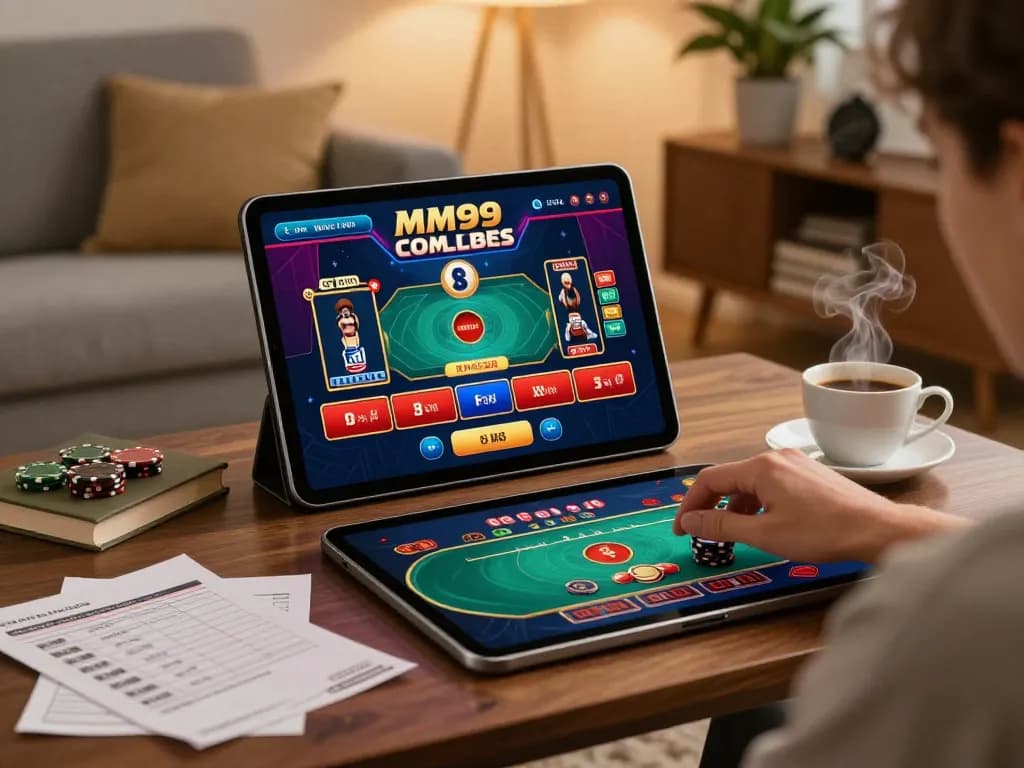 Engaging with MM99 COM through a tablet in a cozy home gaming setup showcasing live dealer games.