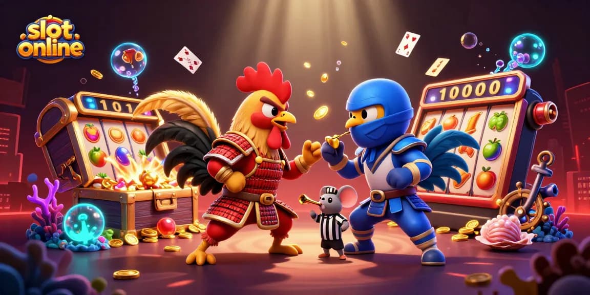 Mengaktifkan slot online sambil bersaing dalam pertarungan ayam berwarna cerah dan dramatis.
