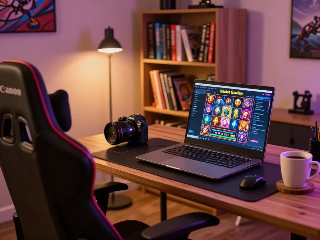 Engaging online gaming scene featuring kdslot interface on laptop in cozy home office