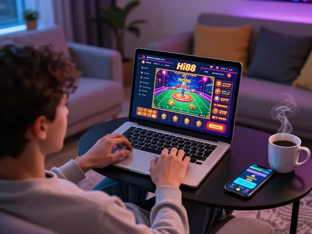 Engaging with the Hi 88 casino app while relaxing at home on a cozy sofa.