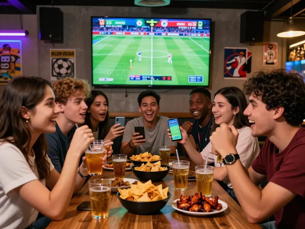 Friends enjoying judi bola betting experience in a lively sports bar setting with live odds displayed.