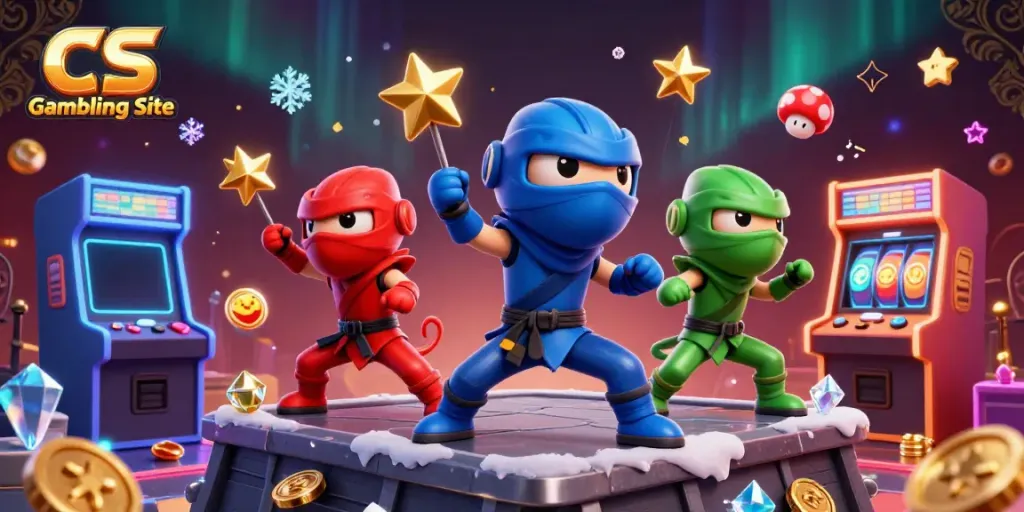 Engage in thrilling action with CS Gambling Site featuring vibrant graphics and a ninja chameleon trio.